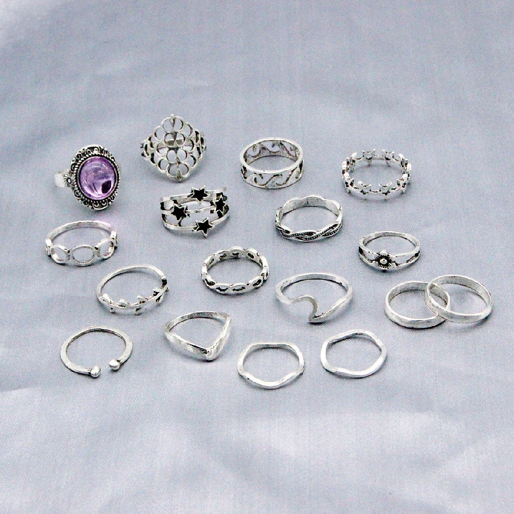 Womens Gold Plated Ring Set 17 Piece With Artificial Gems Star Ring Leaf Ring Wave Ring Geometric Knuckle Ring Band