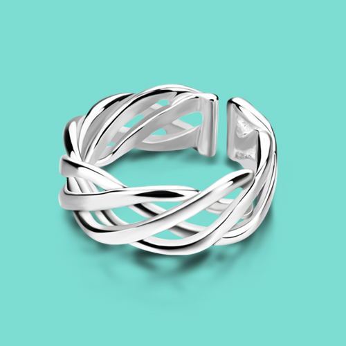 Womens Adjustable Braided Interweave Ring Silver Plated U Shaped Design Elegant Fashion Jewelry Gift For Women