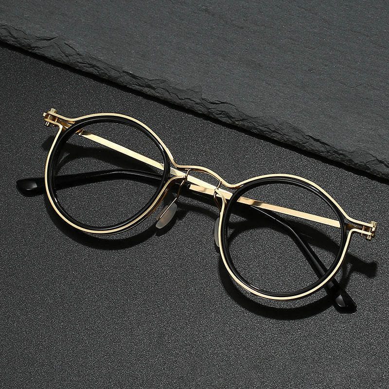 Round Frame Anti Blue Light Glasses Full Plastic Metal Frame AC Lenses Zero Degree Plain Glasses In Black Gold