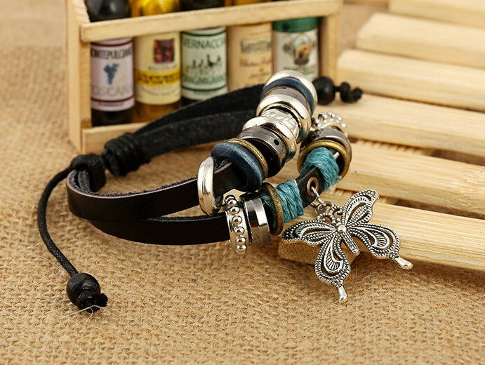 Unisex Vintage Leather Bracelet With Butterfly Pendant Adjustable Cowhide Beaded Woven Fashion Jewelry Everyday Wear