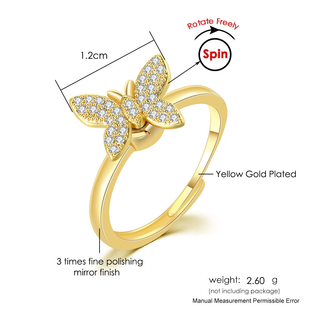 Womens Copper Inlaid Zircon Butterfly Ring Drip Oil Adjustable Opening Trendy Fashion Jewelry Gift for Her Now