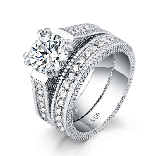 Womens Zircon Engagement Ring Set Platinum Plated Copper Geometric Design Durable Jewelry Gift Elegant Jewelry