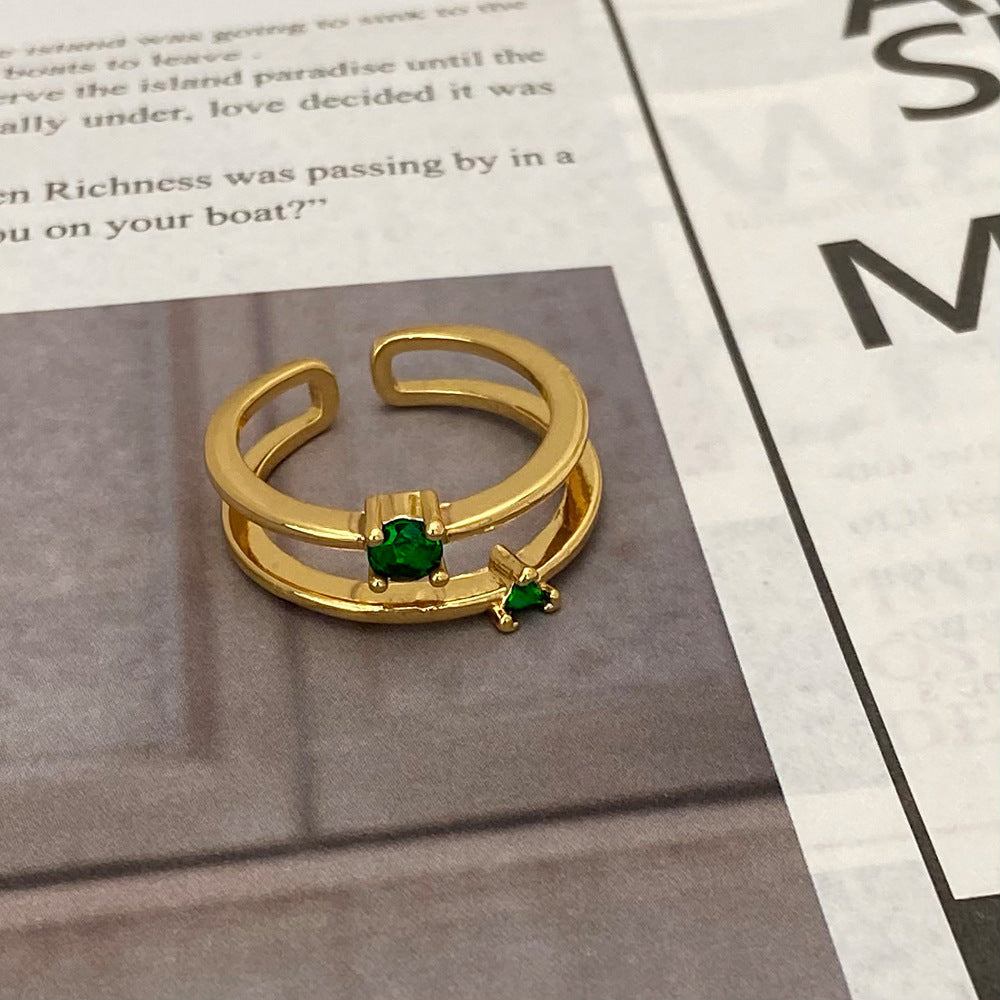 Womens Green Diamond Studded Adjustable Open Ring Copper Electroplated Geometric Jewelry Gift For Her Classics