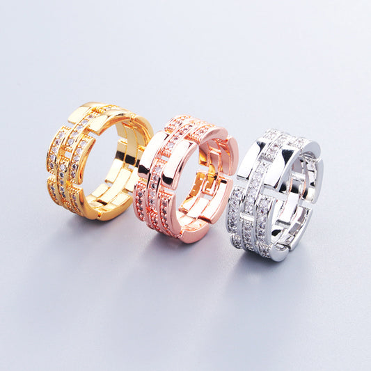 Geometric Couple Ring Set Rhinestone Inlaid Copper Plated Gold Unisex Retro Wedding Band Pair For Couples Wear