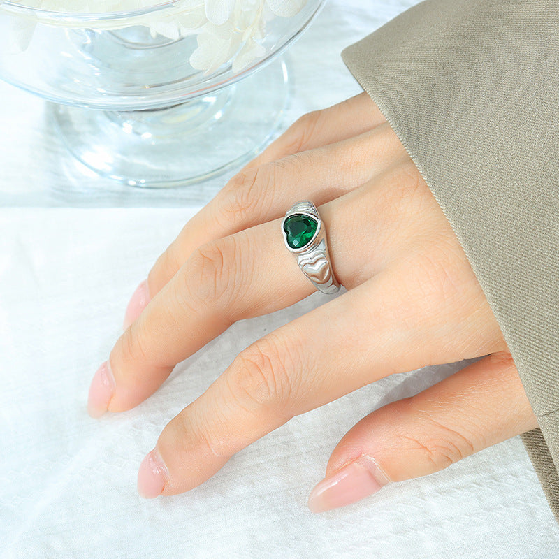 Women Heart Shaped Ring with Glass Stone Crystal Accent Titanium Steel Band Elegant Geometric Design Ideal Gift