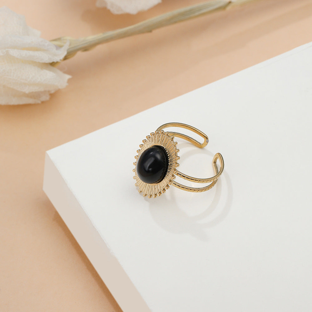 Unisex Stainless Steel Ring with Black Stone and Green Stone Adjustable Opening Geometric Retro Ring for Men and Women Titanium Steel Band