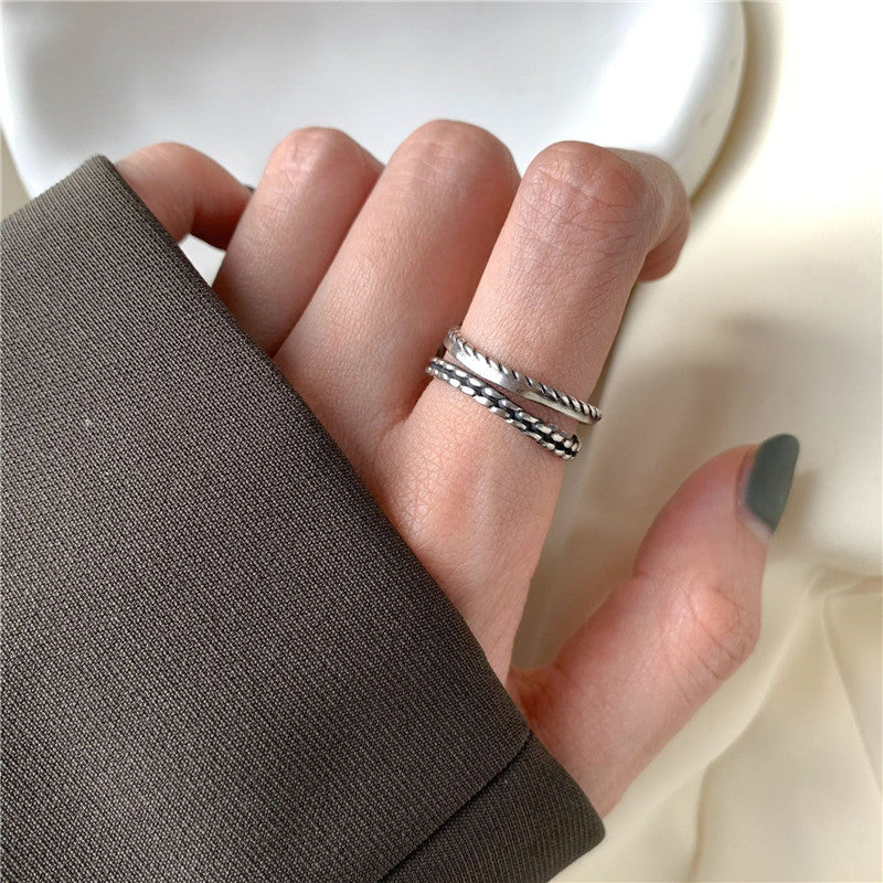 Thai Silver Geometric Chain Ring For Women And Girls Korean Retro Style Jewelry Non Inlaid Gift For Daily Wear
