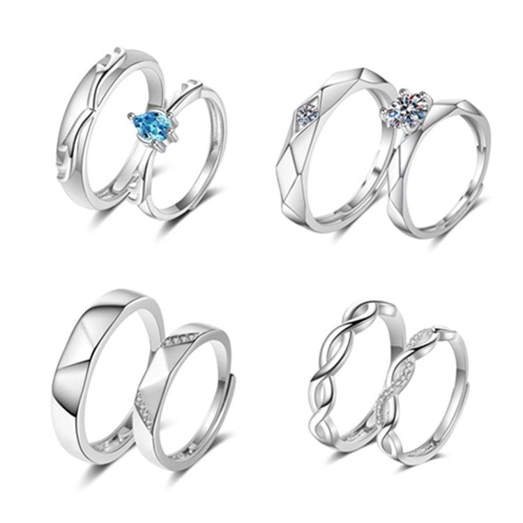 Women Adjustable Open Ring Heart Bow Wave Design Copper Electroplated Micro Zircon Inlaid Anniversary Couple Ring