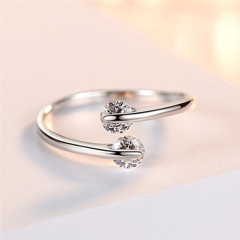 Sterling Silver Ring For Women With Double Diamond Accent Adjustable Opening Korean Fashionable Ring Perfect As A