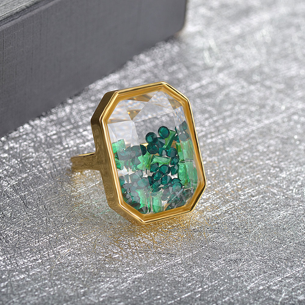Womens Exaggerated Square Ring Geometric Crystal Inlaid Gold Plated Metal Artificial Gemstone Fashion Jewelry Gift