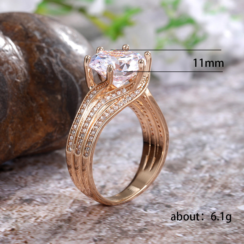 Six Claw Solitaire Ring Gold Tone Copper Zircon Sparkling Engagement Wedding Anniversary Jewellery Gift Yellow