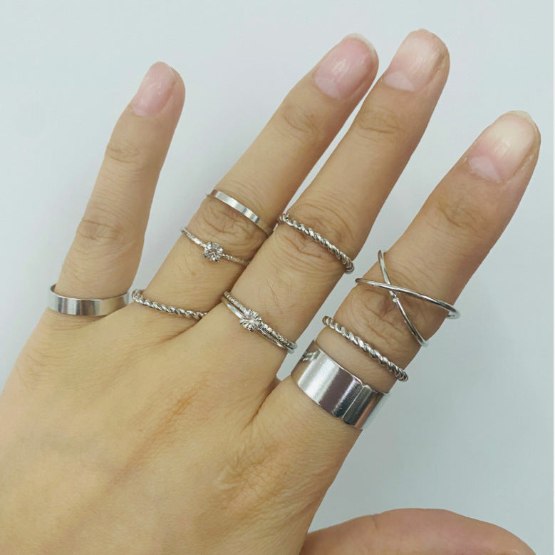 Winding Knot Ring Set 9 Piece Alloy Metal Rings With Artificial Gemstones Rhinestone Elements Wave Shaped Gold