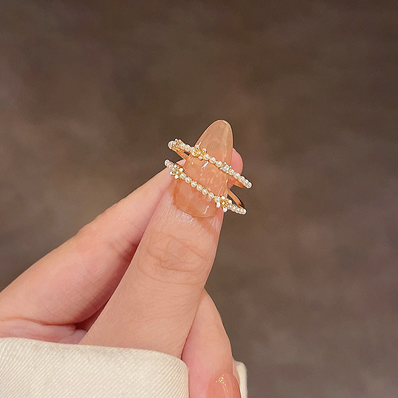 Elegant PearlWhite Ring Geometric Copper Band Electroplated White Gold Gemstone Inlay Gift For Her Korean Style