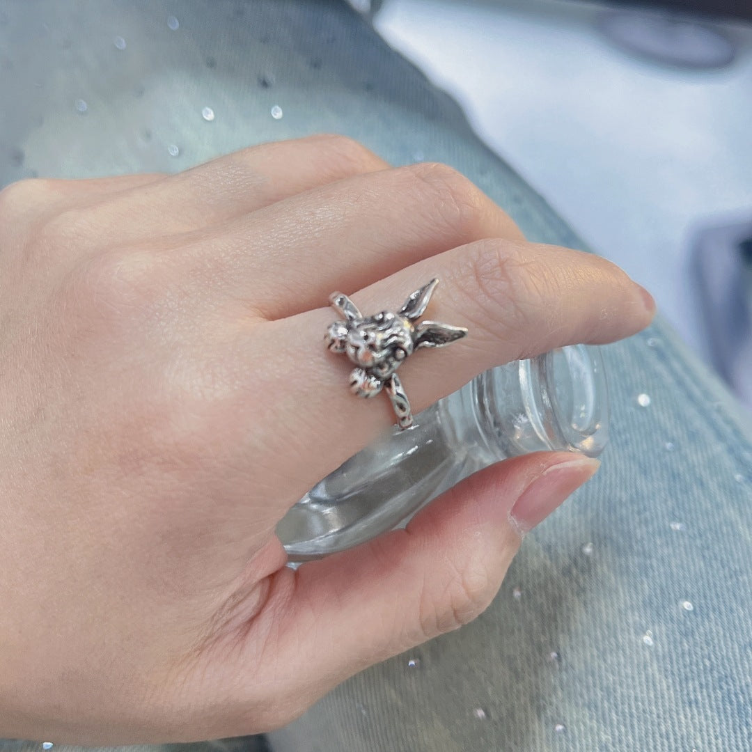 Unisex Adjustable Copper Rabbit Ring With Zodiac Animal Design Electroplated Thai Silver Finish Jewellery Gift