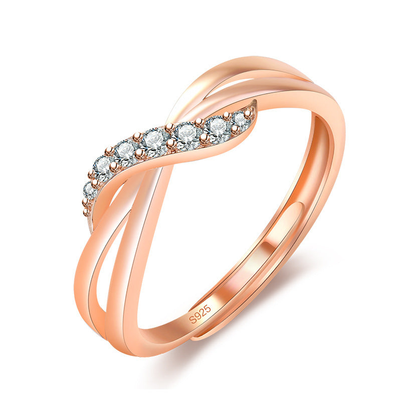 Rose Gold Plated Copper Ring With Full Diamond Wave Design Twist Arm Curve Band For Women Dainty Elegant Jewelry Gift