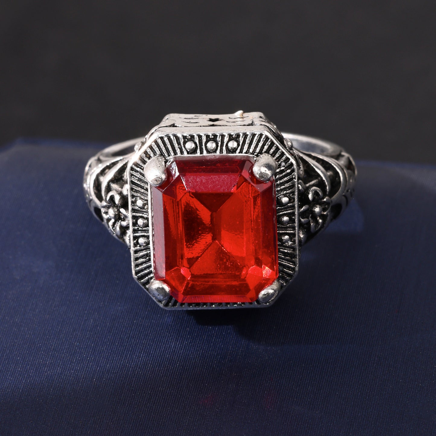 Red Minimalist Hollow Square Ring With Glass Inlay Geometric Jewelry Anniversary Gift For Women Everyday Style