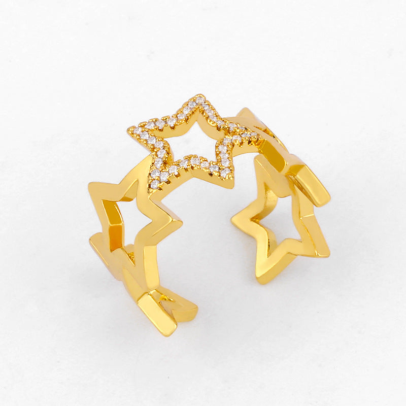 Womens Star Diamond Ring Adjustable Open Gold Plated