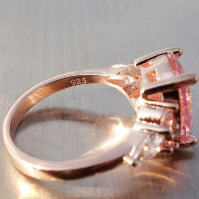 Women Pink Crystal Ring Princess Cut Simulated Diamond Goose Egg Shape Engagement Gift Silver Tone Best Choice