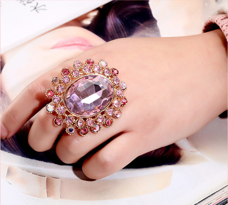 Womens Alloy Ring With Crystal Glass Diamond Like Gem Adjustable Band Elegant Ring For Couples Everyday Pink