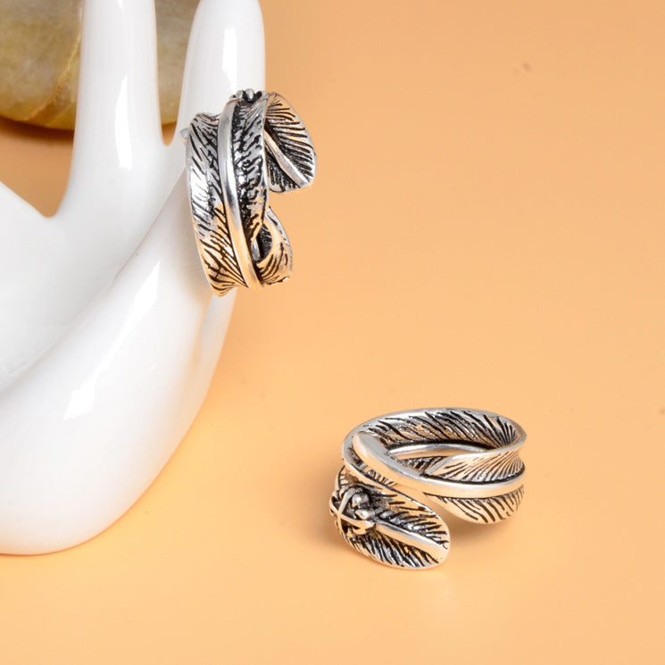 Adjustable Feather Ring Open Design Metal Electroplated Thai Silver Finish Feather Jewelry For Index Finger Ring