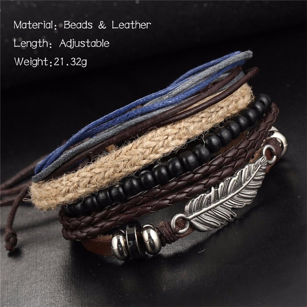Hand Woven Leather Bracelet Angel Wing Feather Alloy Wood Beads Star Charm Unisex Geometric Style Golden Shine
