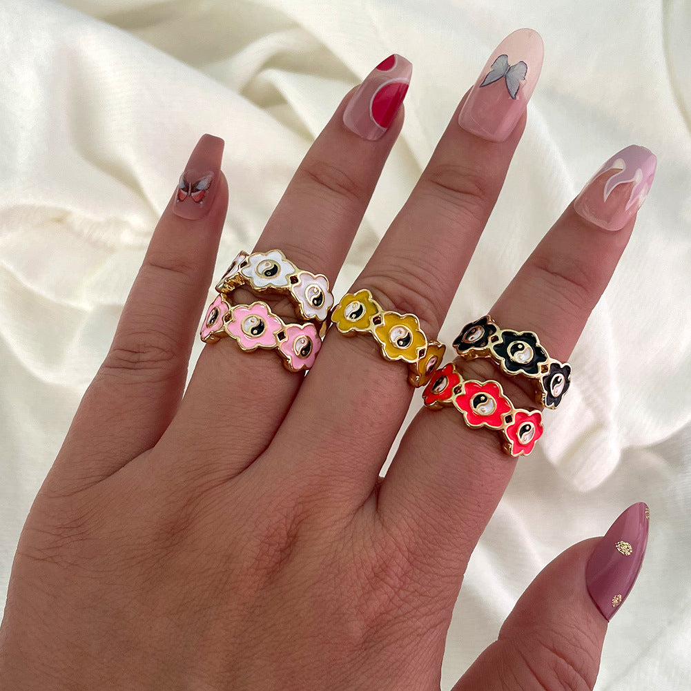 Womens Alloy Ring Drip Oil Color Flower Design Bagua Style Elegant Floral Ring For Women Fashion Jewelry Trend