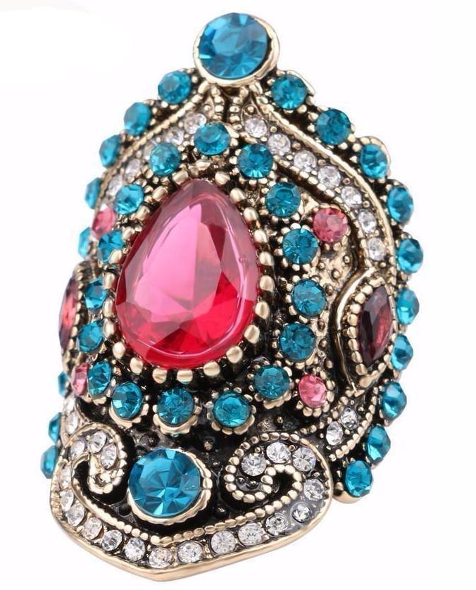 Gold Plated Crystal Sapphire Vintage Ring With Rhombus Alloy Band Diamond Cut Luxury Elegant Jewelry For Women