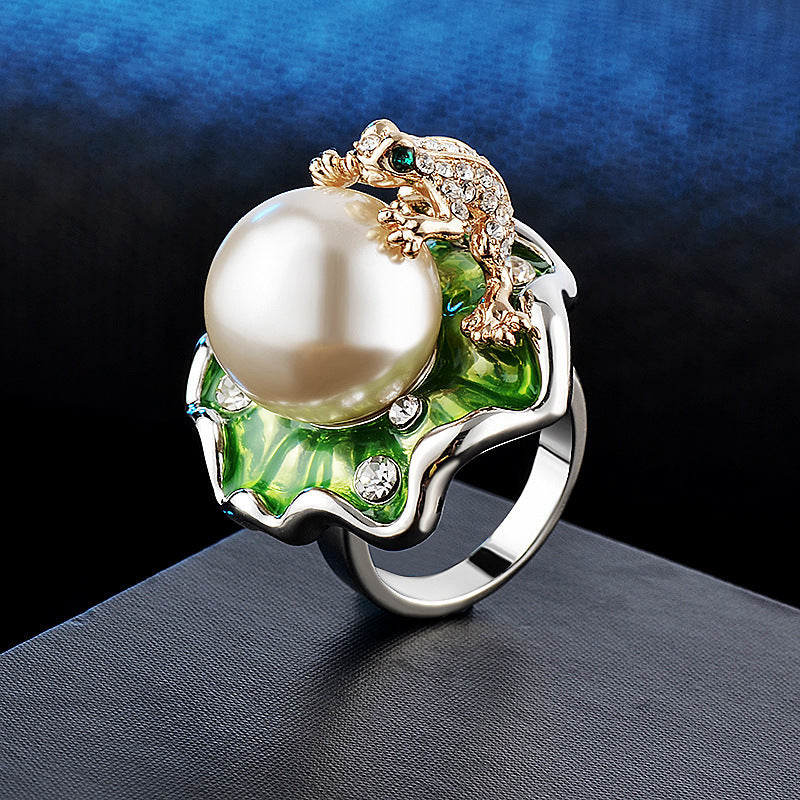 Womens Alloy Frog Lotus Leaf Ring Inlaid Pearl Sparkling Accents Fashion Jewelry Durable Statement Gift Styles