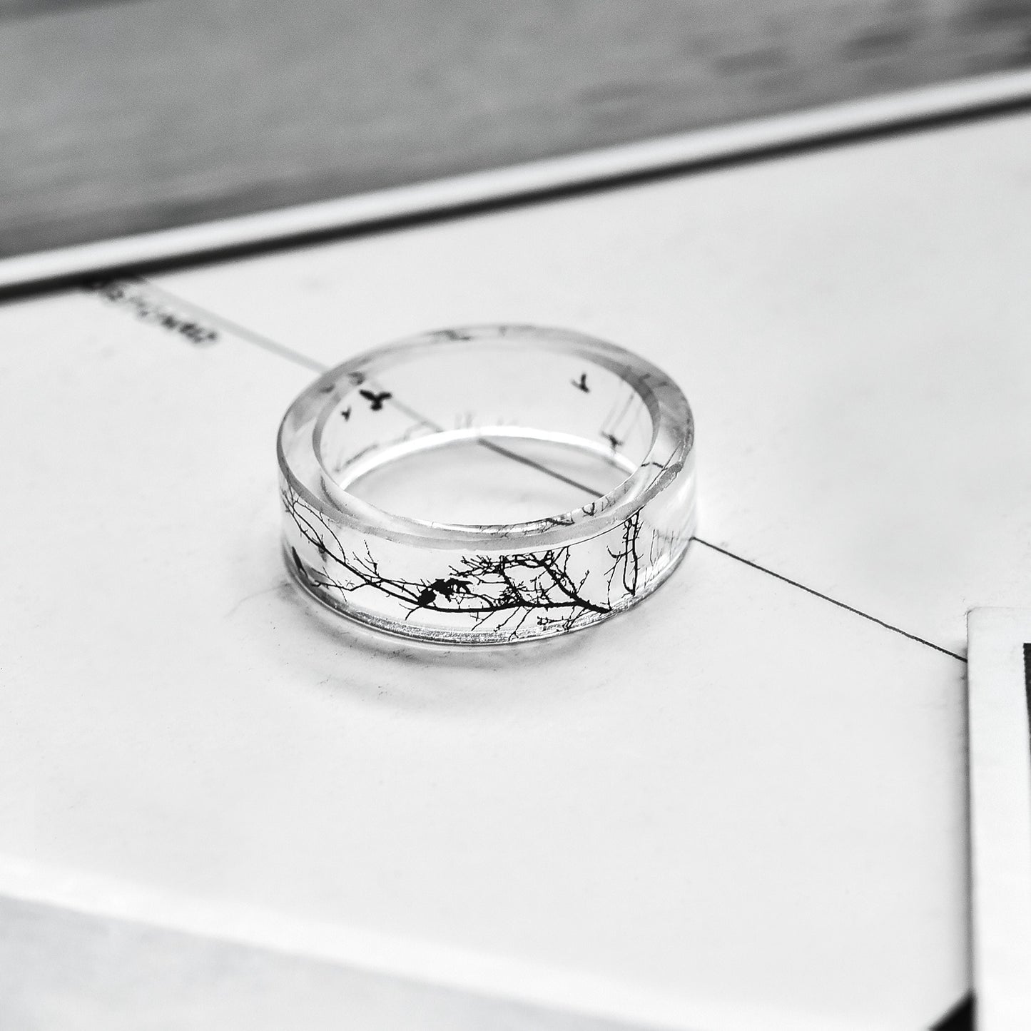 Resin Ring Black And White Landscape Branch Design Creative Fashion Jewelry For Women Statement Art Detail Pro