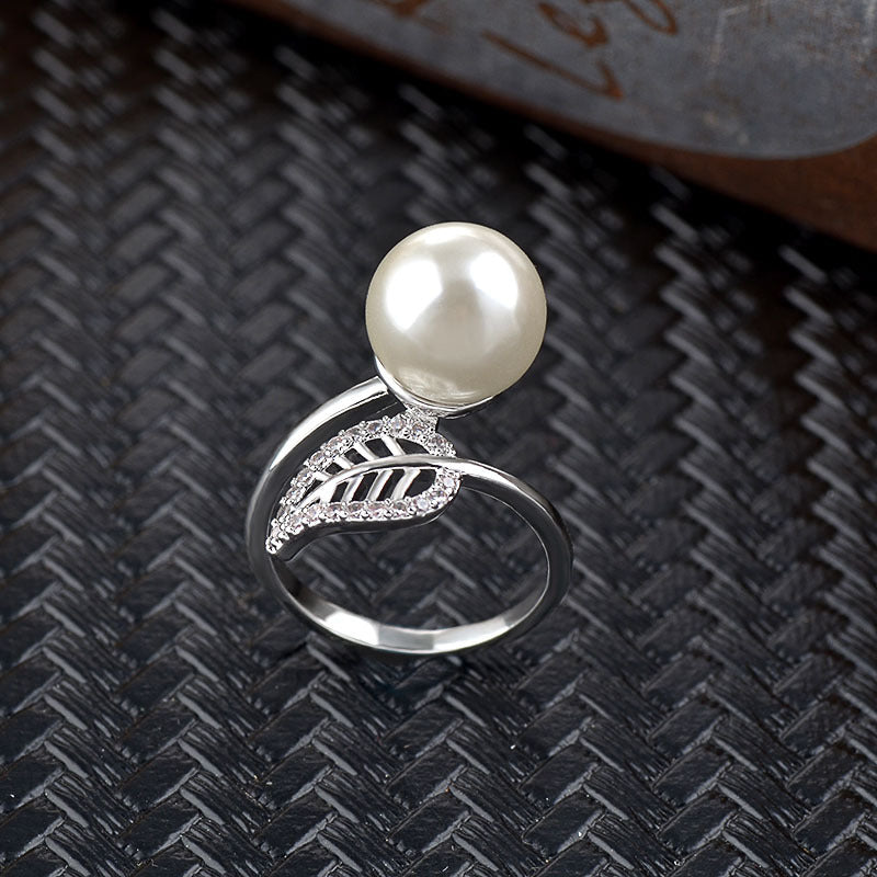 Pearl Ring Leaf Design Gold Plated Fashion Jewelry Korean Style Dainty Inlaid Gemstone Gleam For Everyday Wear