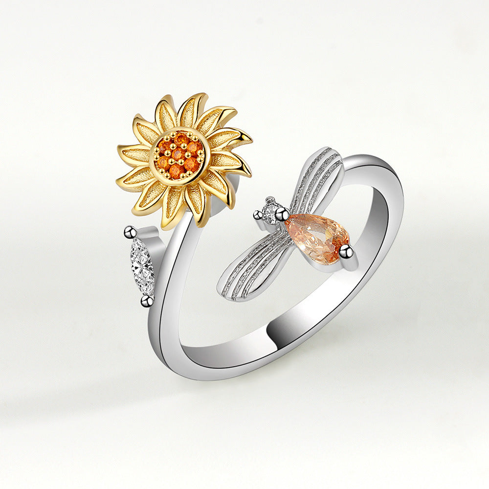 Rotating Sunflower Geometric Silver Ring Electroplated