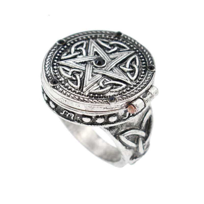 Alloy Metal Ring With Black Gemstone Accent Ancient Silver Finish Five Star Treasure Box Ring For Women And Girls