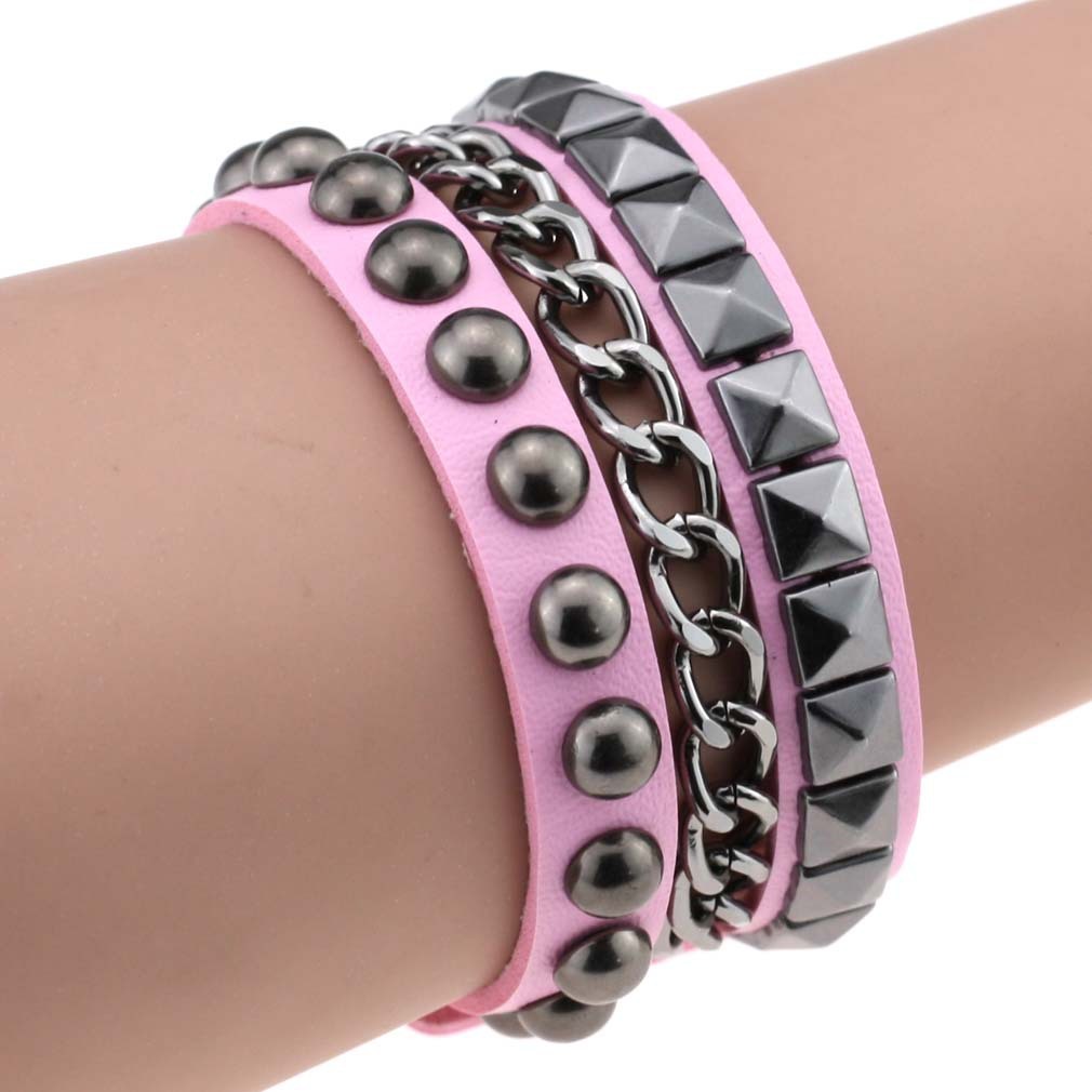 Layered Rivet Leather Bracelet PU Metal Bangle 22cm
