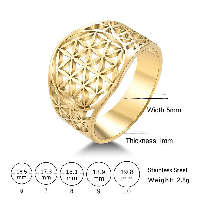 Stainless Steel Flower of Life Ring for Women Fashion Gift