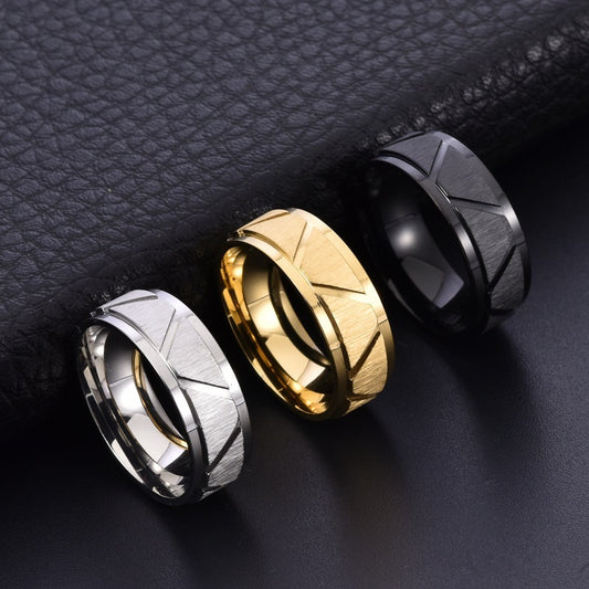 Men's 8mm Stainless Steel Ring With Flower Cross Sand Finish Silver Gold Black Sizes US6 to US12 Electroplated