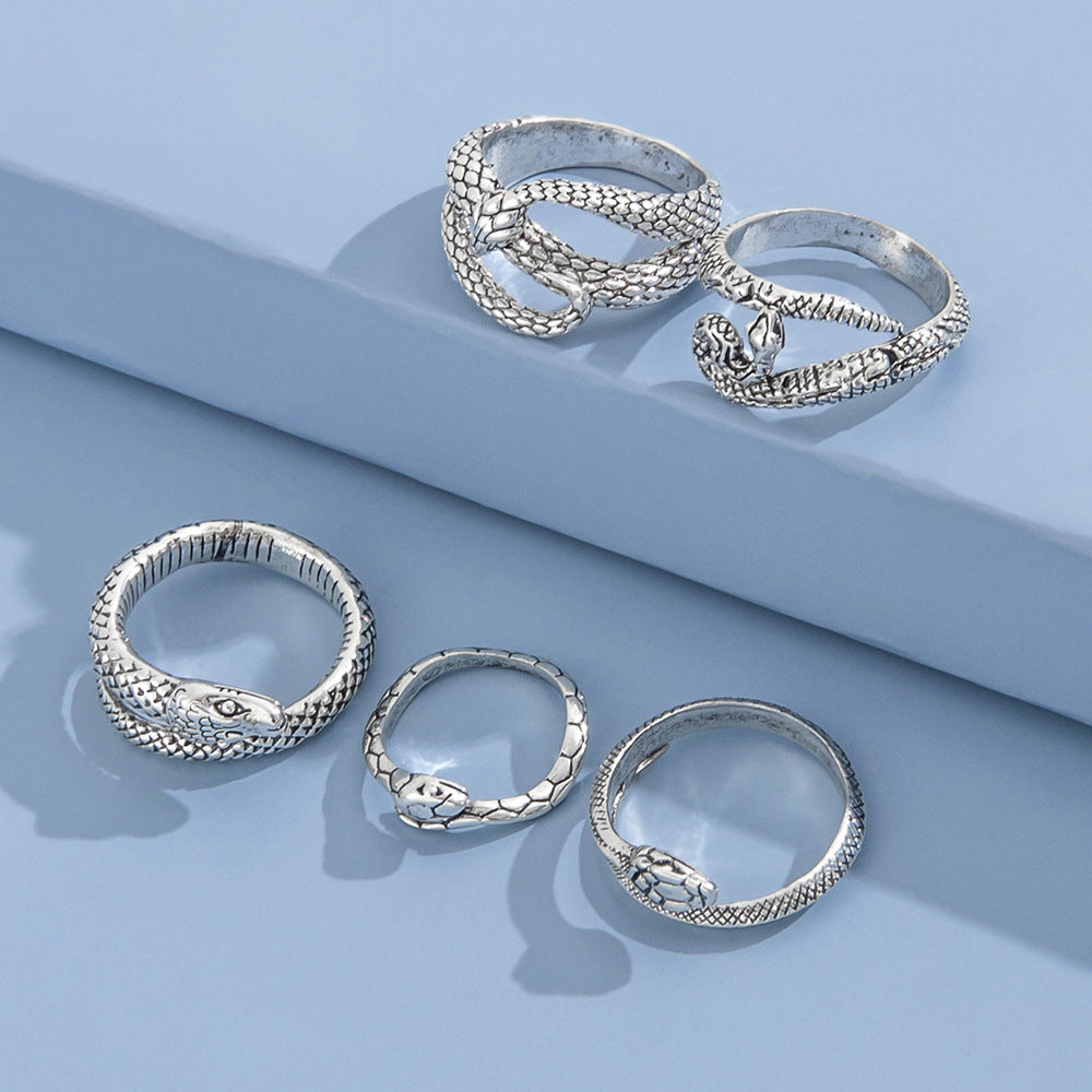 Electroplated Alloy Ring Set Geometric Snake Rings Vintage European American Style 5 Piece Free Shipping Today