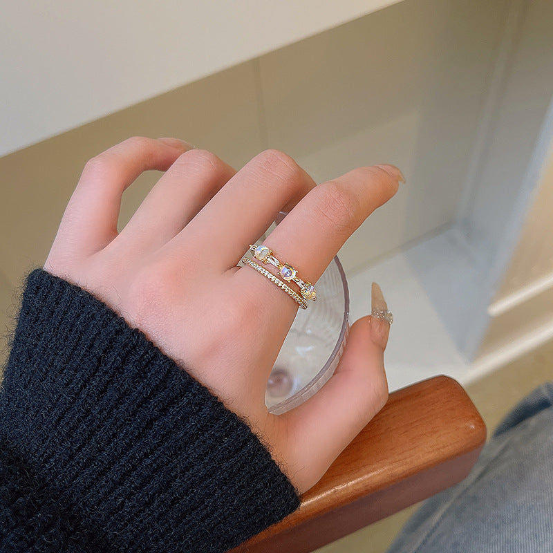 Adjustable Moonstone Ring Gold Electroplated Copper Geometric Style Womens Fashion Ring For Her Everyday Access