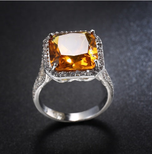 Square Champagne Zircon Ring Platinum Plated Copper Ladies Jewelry For Women And Girls Elegant Sparkle Jewelry