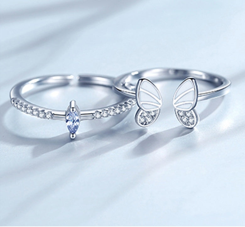 Womens Butterfly Ring Adjustable Zirconia Copper White Gold Plated Fashion Jewelry Elegant Dainty Gift for Her