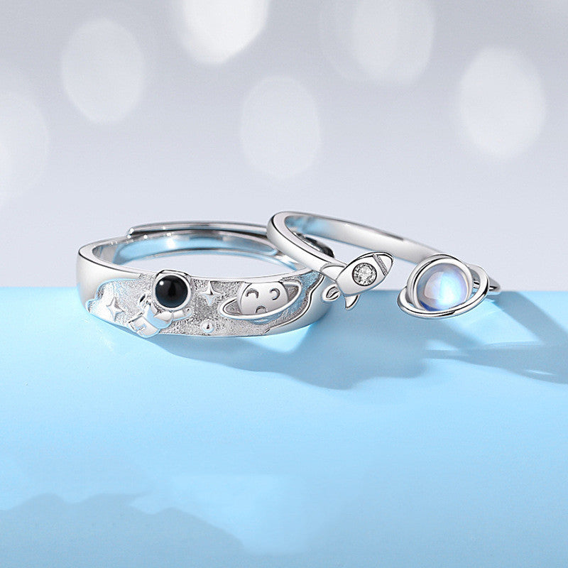 Couple Rings Set Planet Crystal Inlay Silver Anniversary