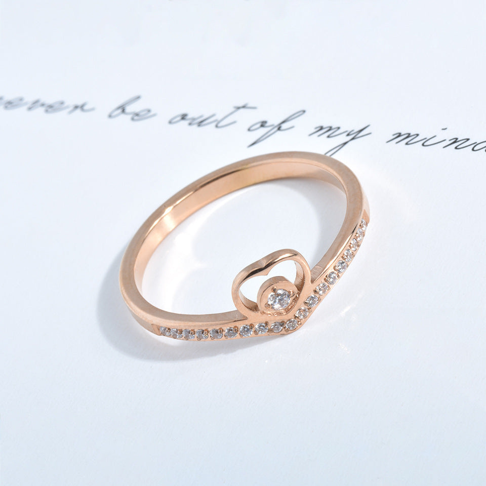 Simple Titanium Rose Gold Openwork Heart Set Diamond Ring