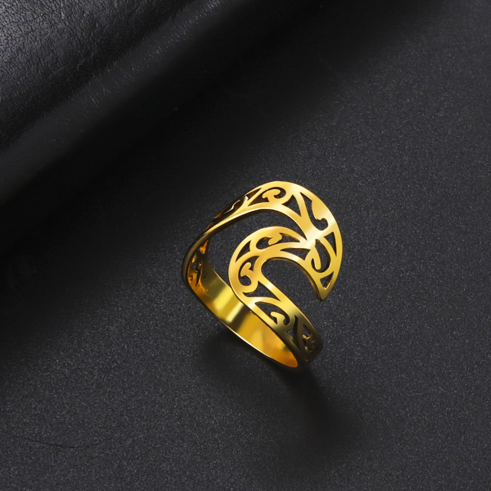 Unisex Titanium Steel Ring With Wave Pattern Gold Plated