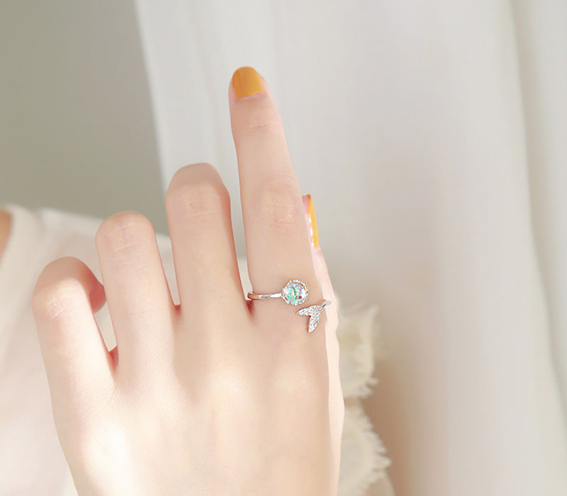 Womens 925 Sterling Silver Ring with Aurora Moonstone and 3A Zircon Fishtail Design Adjustable Opening Index Finger Ring White Gold Mermaid Ring