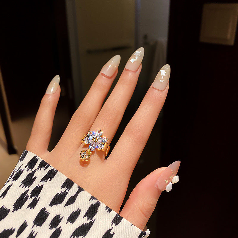 Gold Electroplated Diamond Flower Ring For Women Adjustable