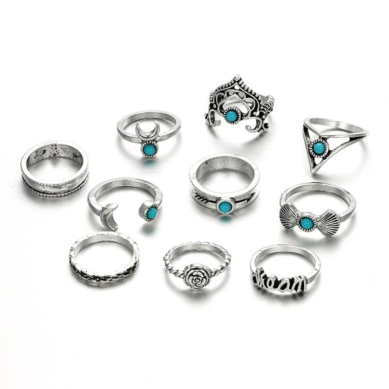 Womens Crescent Turquoise Ring Set With Alloy And Artificial Gems And Semi Precious Stones Fashion Jewelry Rings