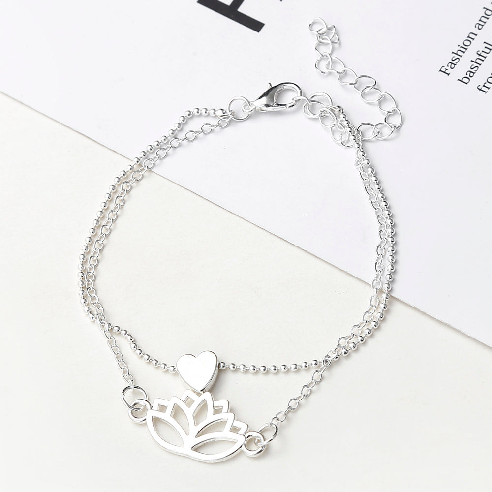 Womens Hollow Lotus Heart Bracelets Electroplated Delicate Fashion Jewelry 2 Piece Set for Valentines Day Gifts