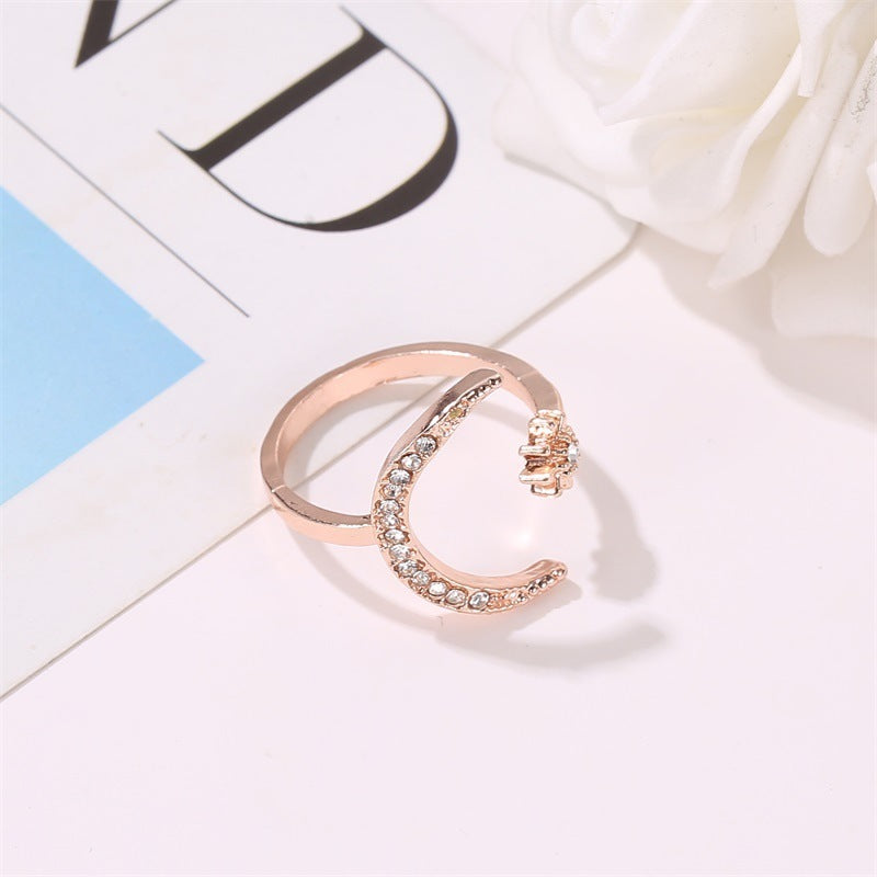 Womens Rhinestone Moon And Star Ring Opening Design Adjustable Alloy Jewelry Electroplated Fashion Ring Dazzle