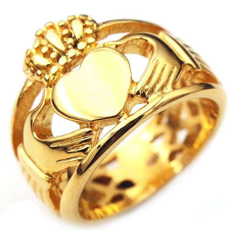 Unisex Titanium Steel Ring European And American Retro Domineering Design Wide Edge Hollow Hand Holding Crown Love Heart Ring for Men and Women