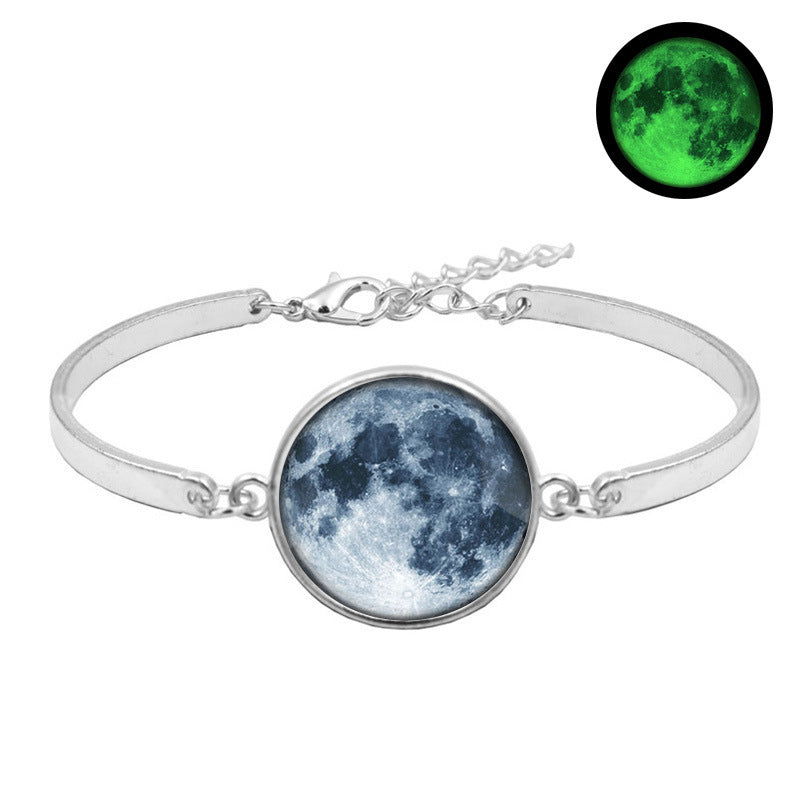 Unisex Galaxy Moon Time Gemstone Bracelet Silver Plated Alloy Bracelet With Glass Inlay Celestial Jewelry Gift