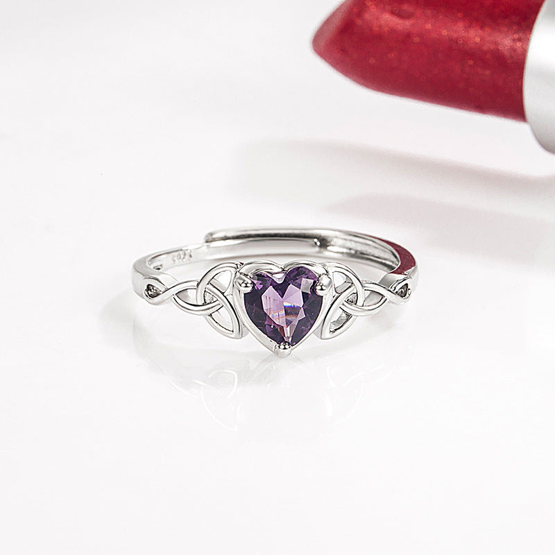 Womens Heart Ring Zirconia Gemstones Adjustable Copper Band Emerald Blue Peridot Ruby Purple Open Heart Design